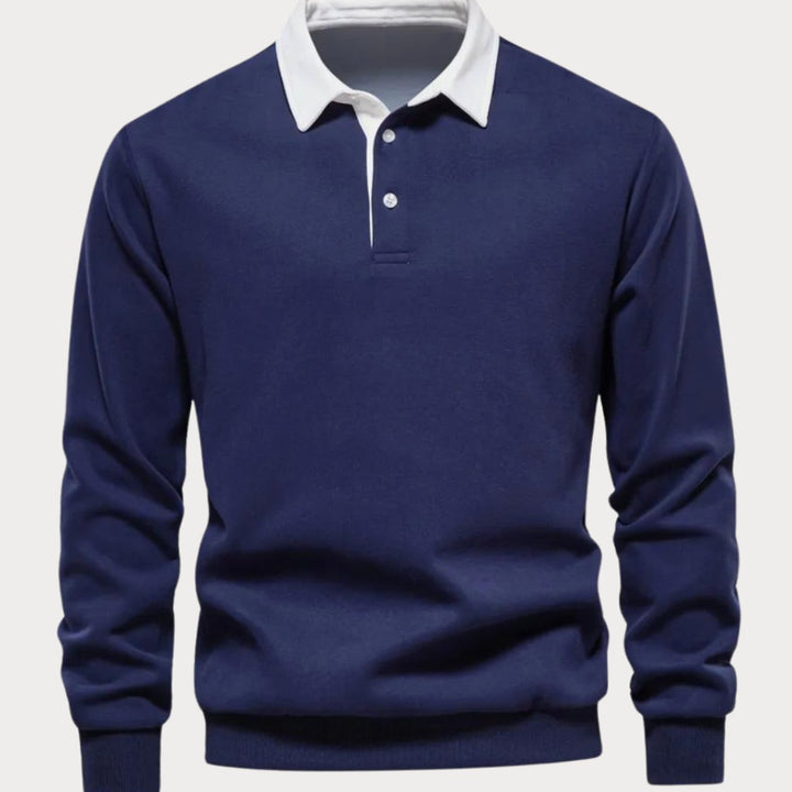 Men's Long-Sleeve Polo Style Sweater Contrasting Collar - Navy