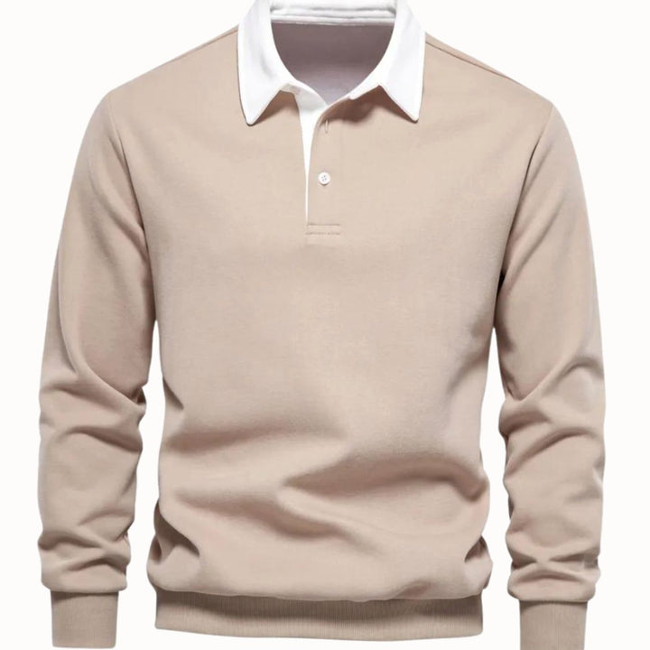 Men's Long-Sleeve Polo Style Sweater Contrasting Collar - Khaki