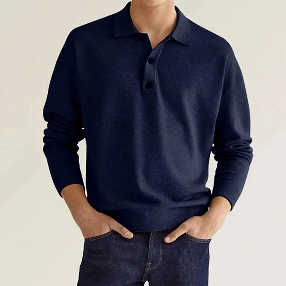 Men's Long Sleeve Relaxed-Fit Knit Polo Shirt - Marine Blue