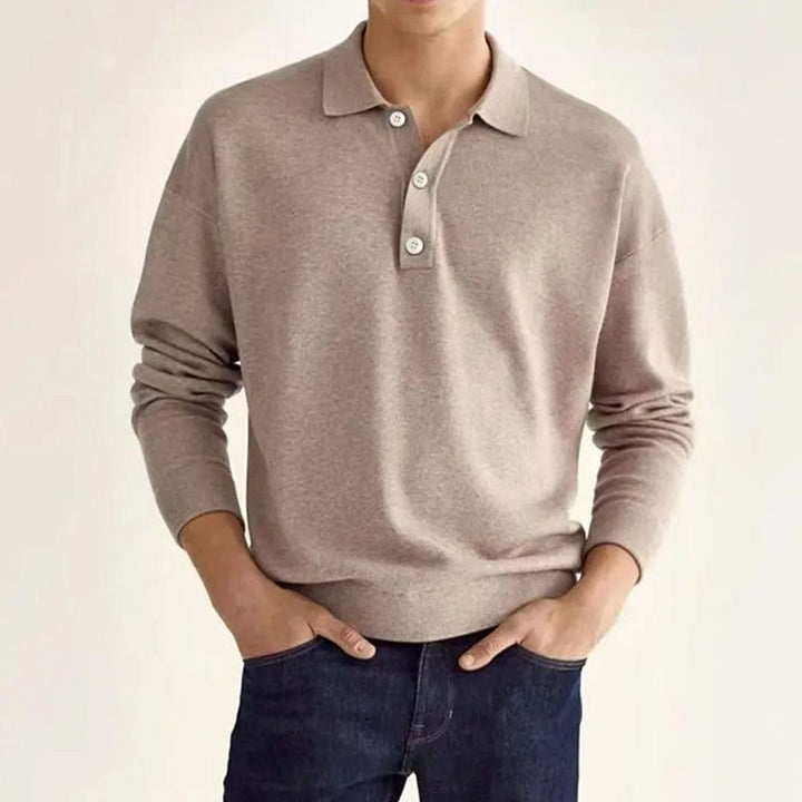 Men's Long Sleeve Relaxed-Fit Knit Polo Shirt - Khaki