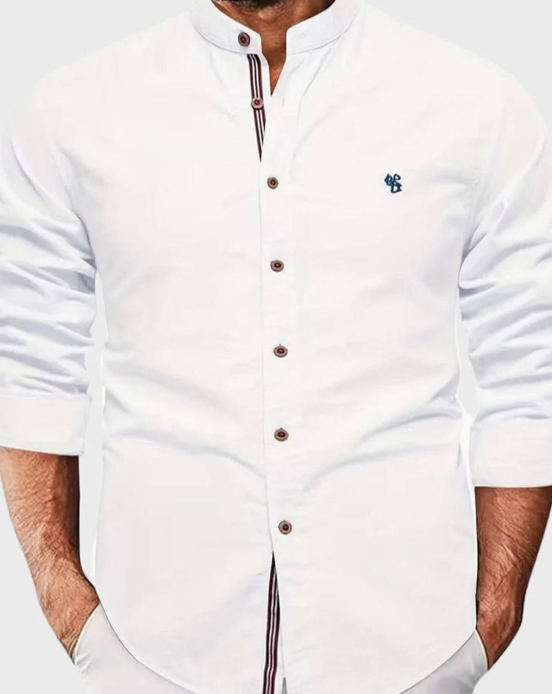Men's Long Sleeve Shirt Stand-Up Collar Button-Down - White