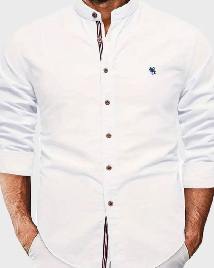 Men's Long Sleeve Shirt Stand-Up Collar Button-Down - White