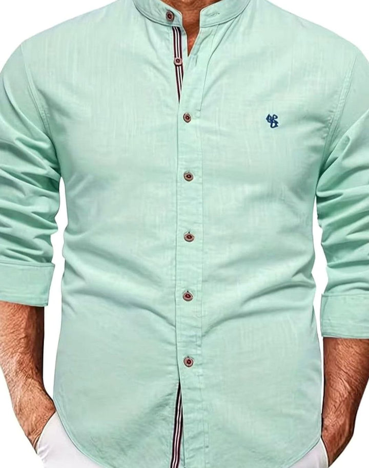 Men's Long Sleeve Shirt Stand-Up Collar Button-Down - Cyan