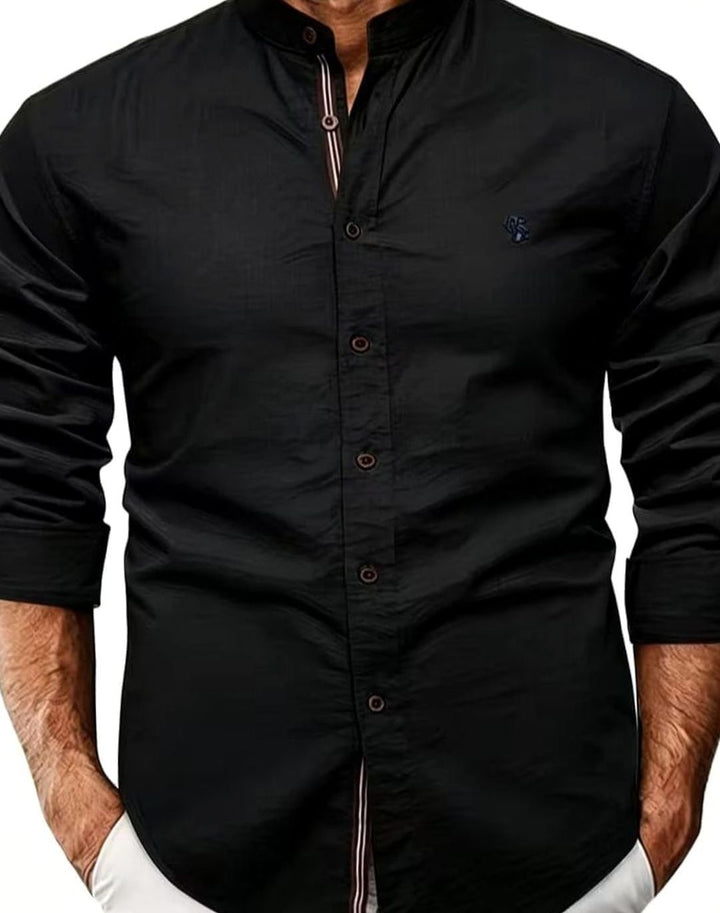 Men's Long Sleeve Shirt Stand-Up Collar Button-Down - Black