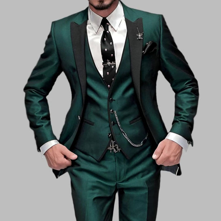 Men's Luxury Three-Piece Contrast Lapel Wedding Suit Set - Dark Green