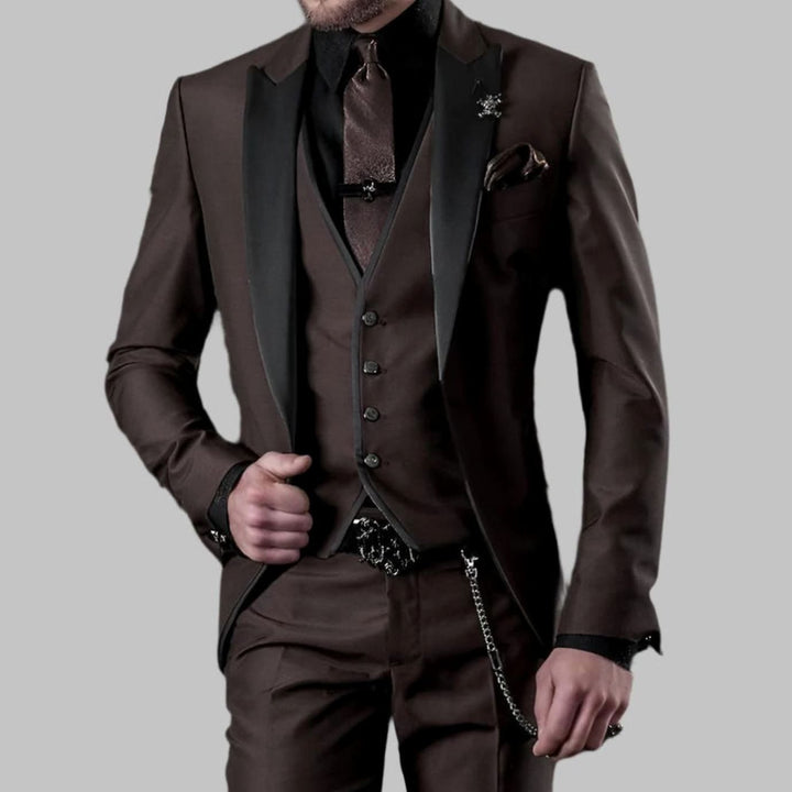 Men's Luxury Three-Piece Contrast Lapel Wedding Suit Set - Coffee