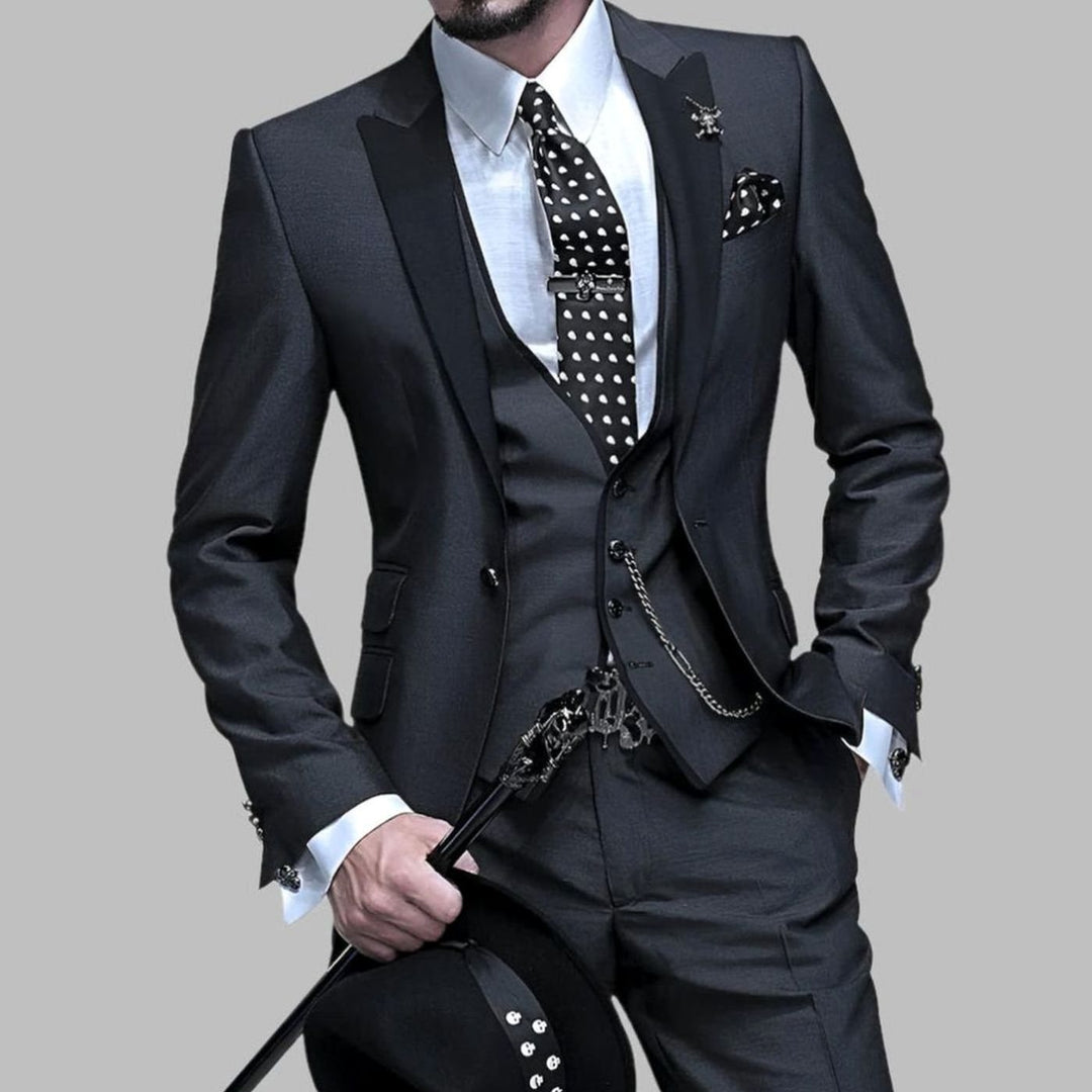Men's Luxury Three-Piece Contrast Lapel Wedding Suit Set - Black