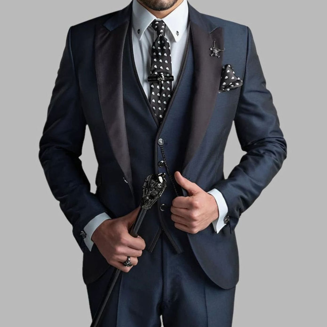 Men's Luxury Three-Piece Contrast Lapel Wedding Suit Set - Navy Blue