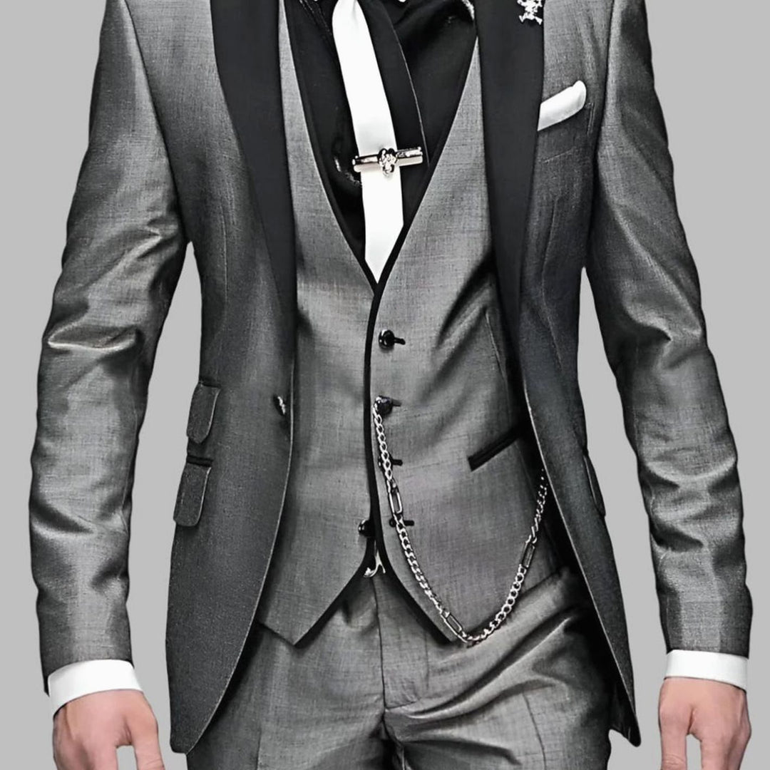 Men's Luxury Three-Piece Contrast Lapel Wedding Suit Set - Grey