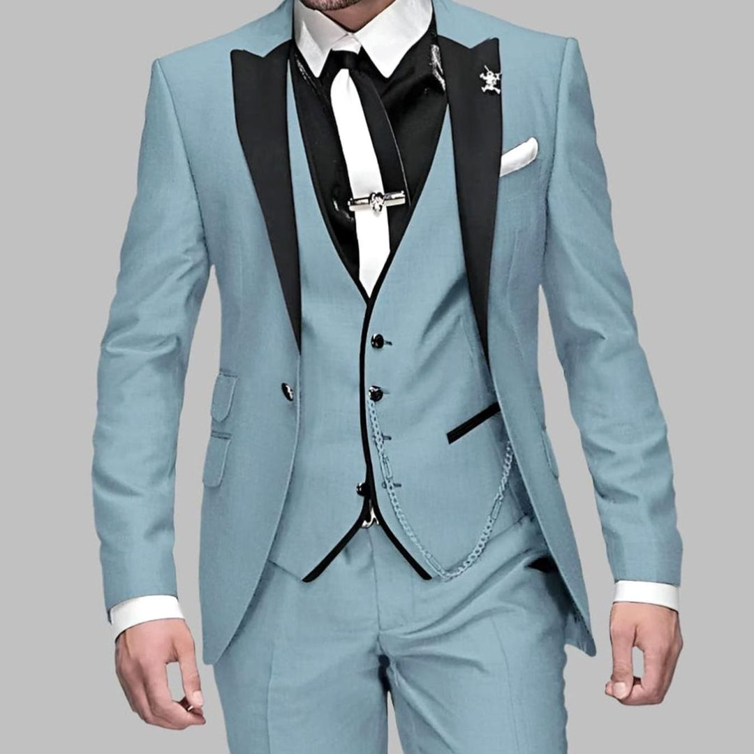 Men's Luxury Three-Piece Contrast Lapel Wedding Suit Set - Light Blue
