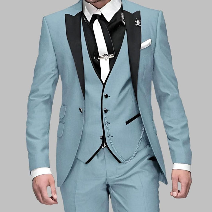 Men's Luxury Three-Piece Contrast Lapel Wedding Suit Set - Light Blue