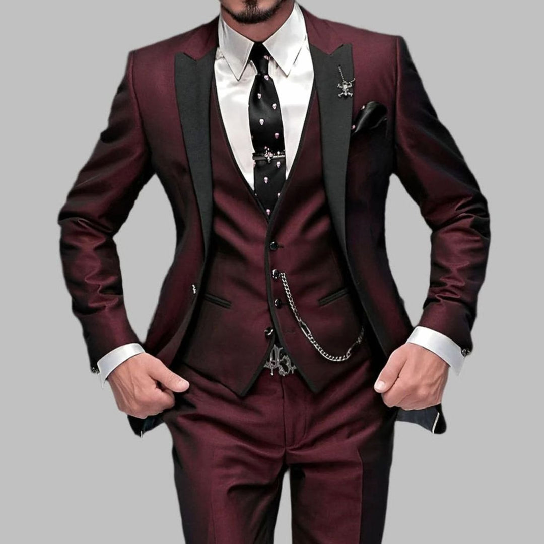 Men's Luxury Three-Piece Contrast Lapel Wedding Suit Set - Burgundy Red