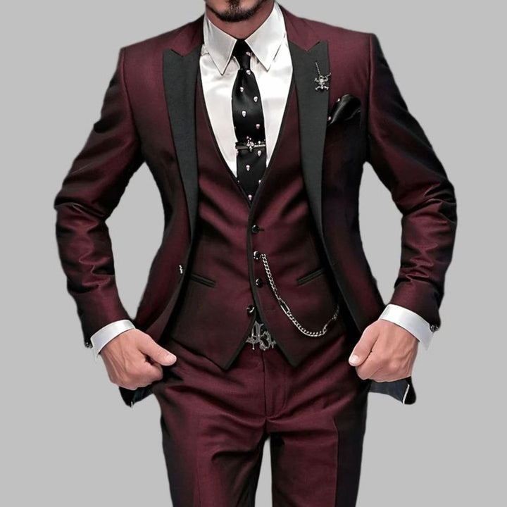 Men's Luxury Three-Piece Contrast Lapel Wedding Suit Set - Burgundy Red