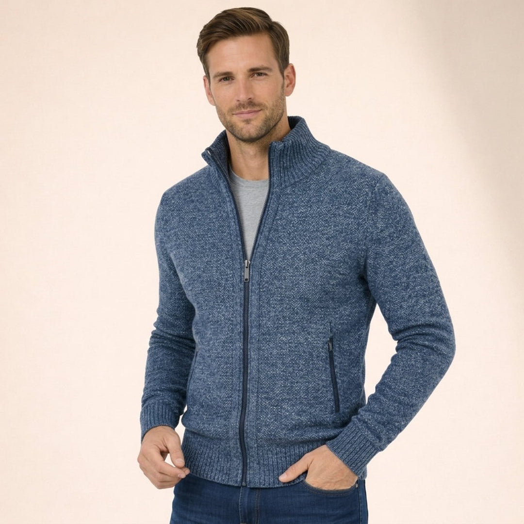 Men's Merino Wool Full-Zip Mock Neck Sweater - Blue
