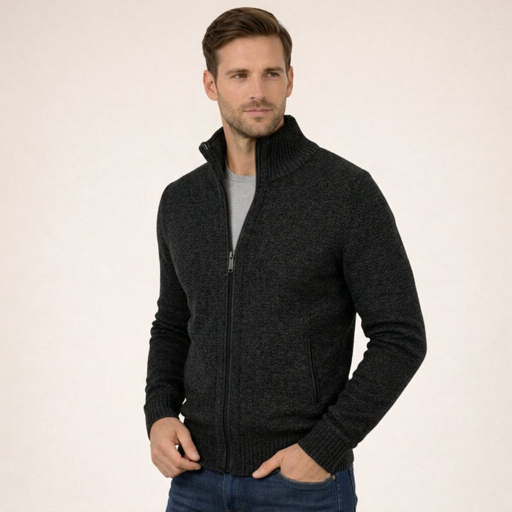 Men's Merino Wool Full-Zip Mock Neck Sweater - Black