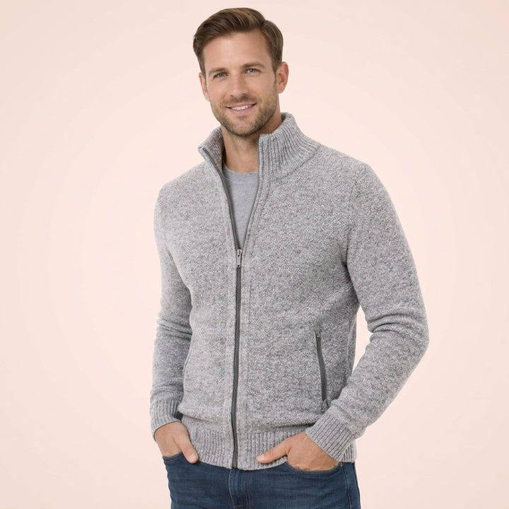 Men's Merino Wool Full-Zip Mock Neck Sweater - Gray