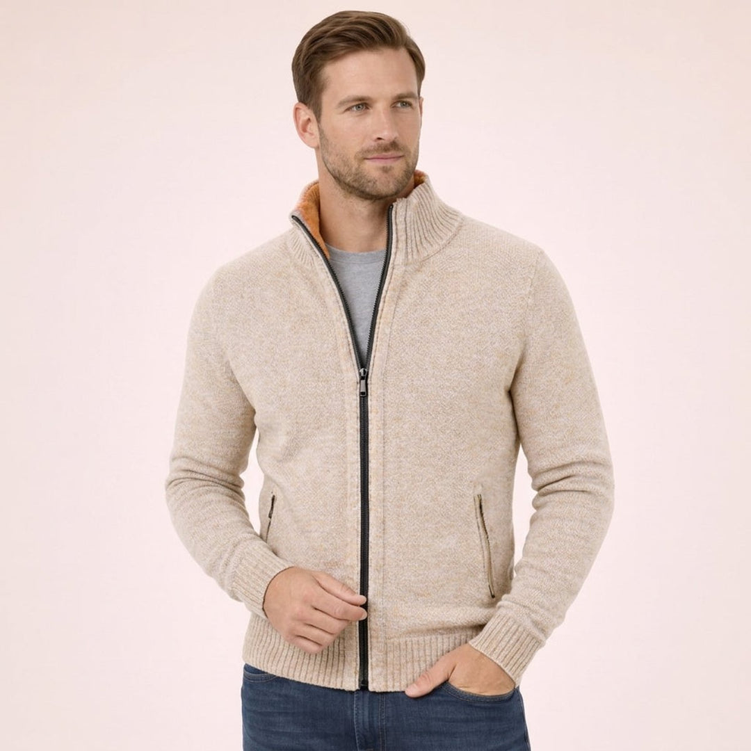 Men's Merino Wool Full-Zip Mock Neck Sweater - Cream