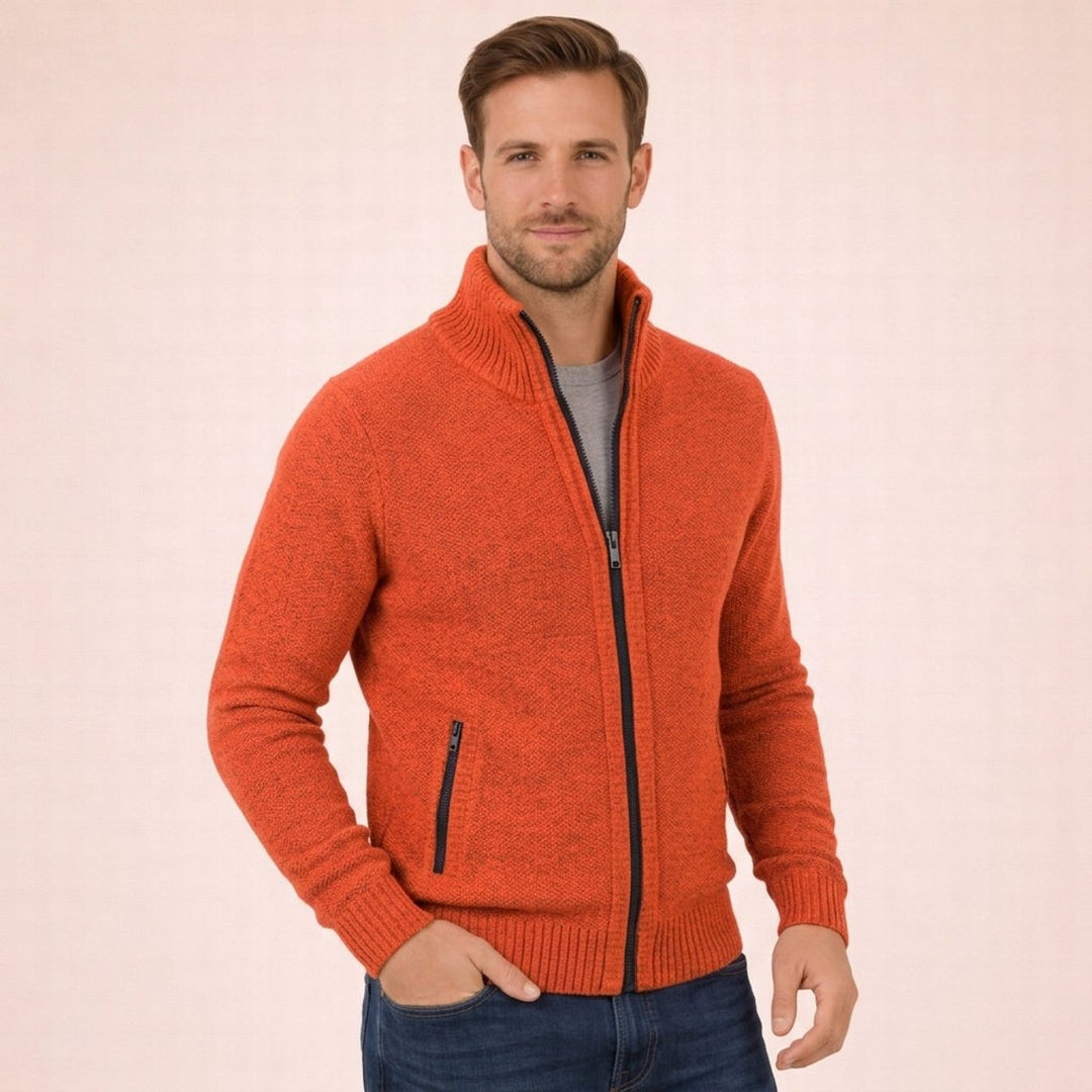 Men's Merino Wool Full-Zip Mock Neck Sweater - Orange