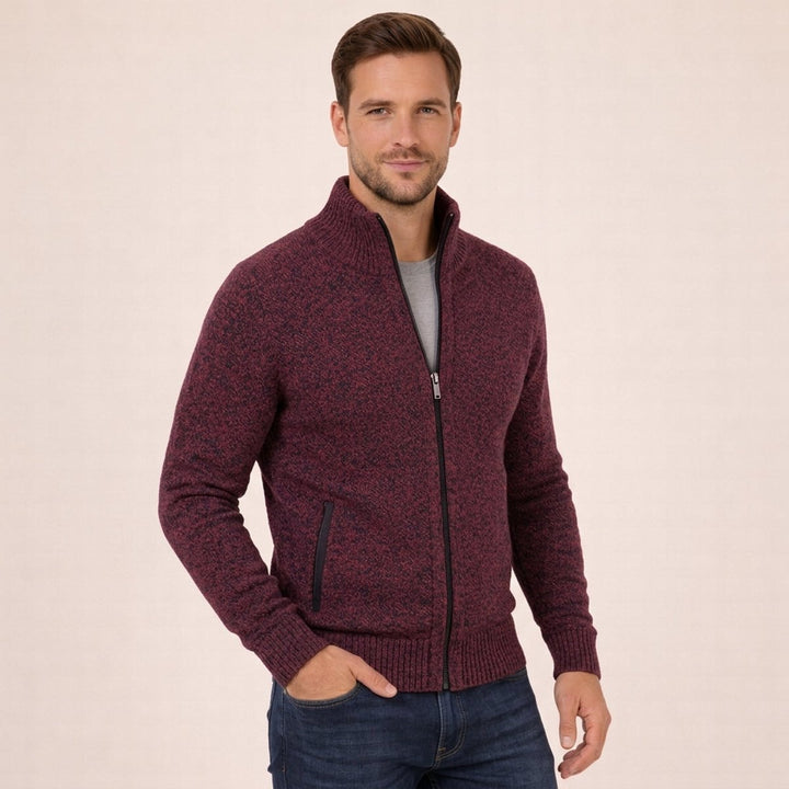 Men's Merino Wool Full-Zip Mock Neck Sweater - Burgundy