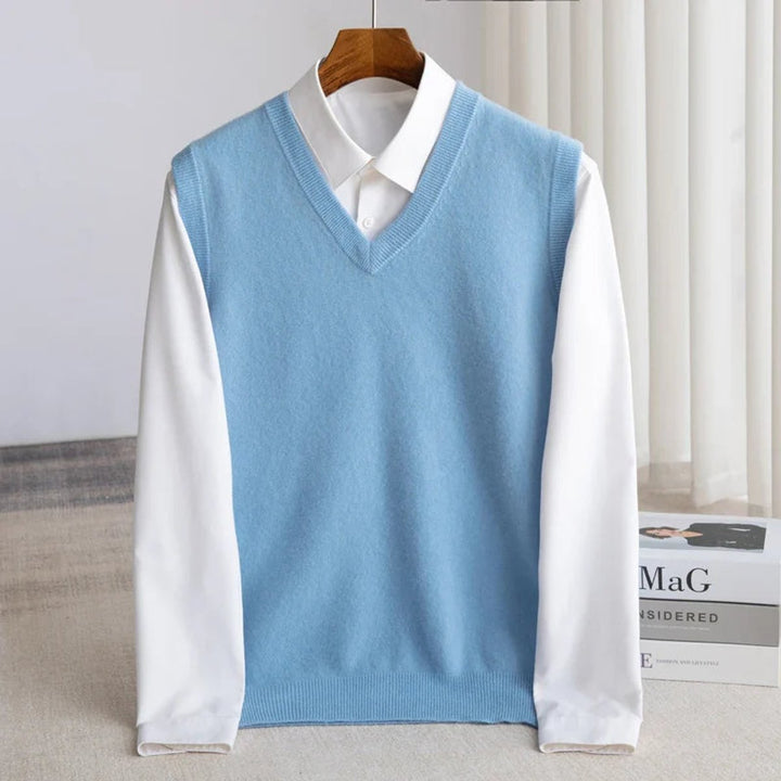Men's Merino Wool V-Neck Sweater Vest Layering Knit - Blue