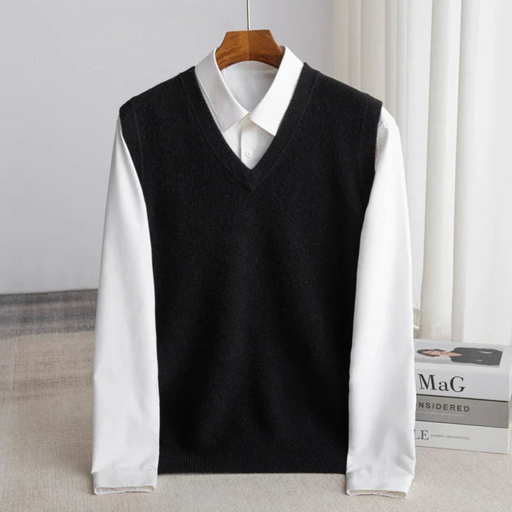 Men's Merino Wool V-Neck Sweater Vest Layering Knit - Black