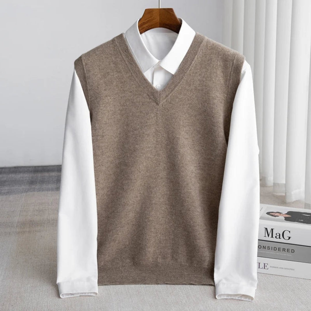 Men's Merino Wool V-Neck Sweater Vest Layering Knit - Camel