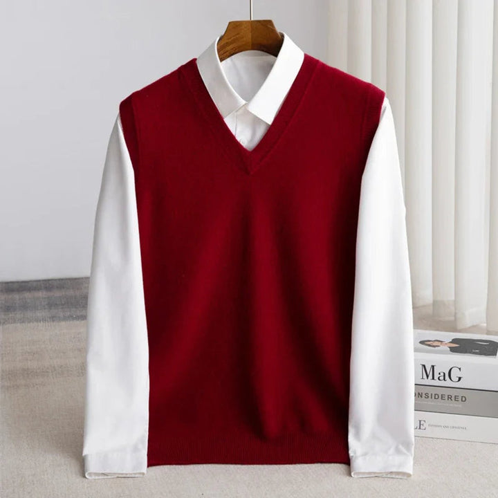 Men's Merino Wool V-Neck Sweater Vest Layering Knit - Burgundy