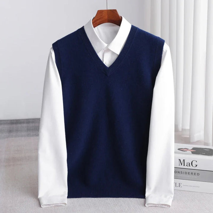 Men's Merino Wool V-Neck Sweater Vest Layering Knit - Navy Blue