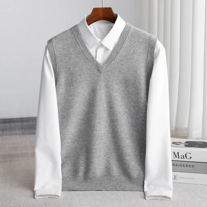 Men's Merino Wool V-Neck Sweater Vest Layering Knit - Gray
