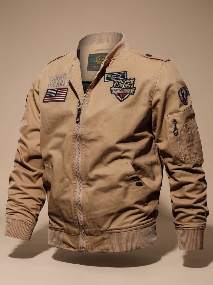 Men's Military-Patch Zip-Up Bomber Jacket - Khaki