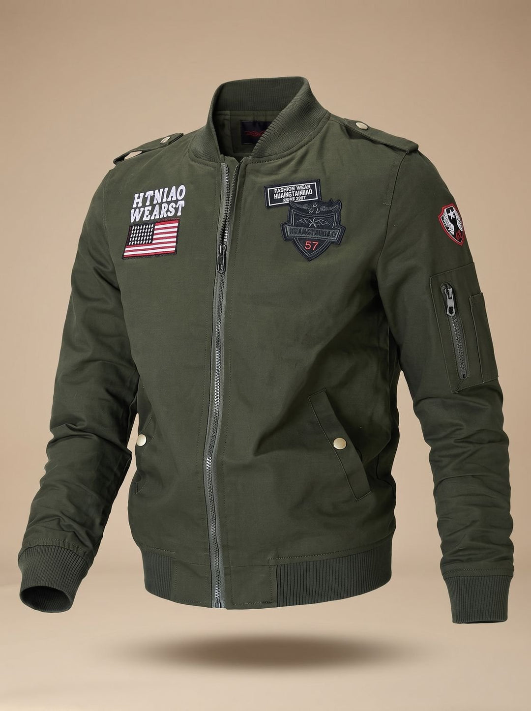 Men's Military Patch Zip-Up Bomber Jacket