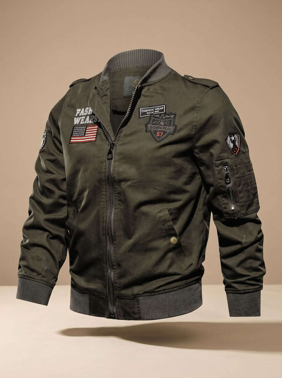 Men's Military-Patch Zip-Up Bomber Jacket - Green