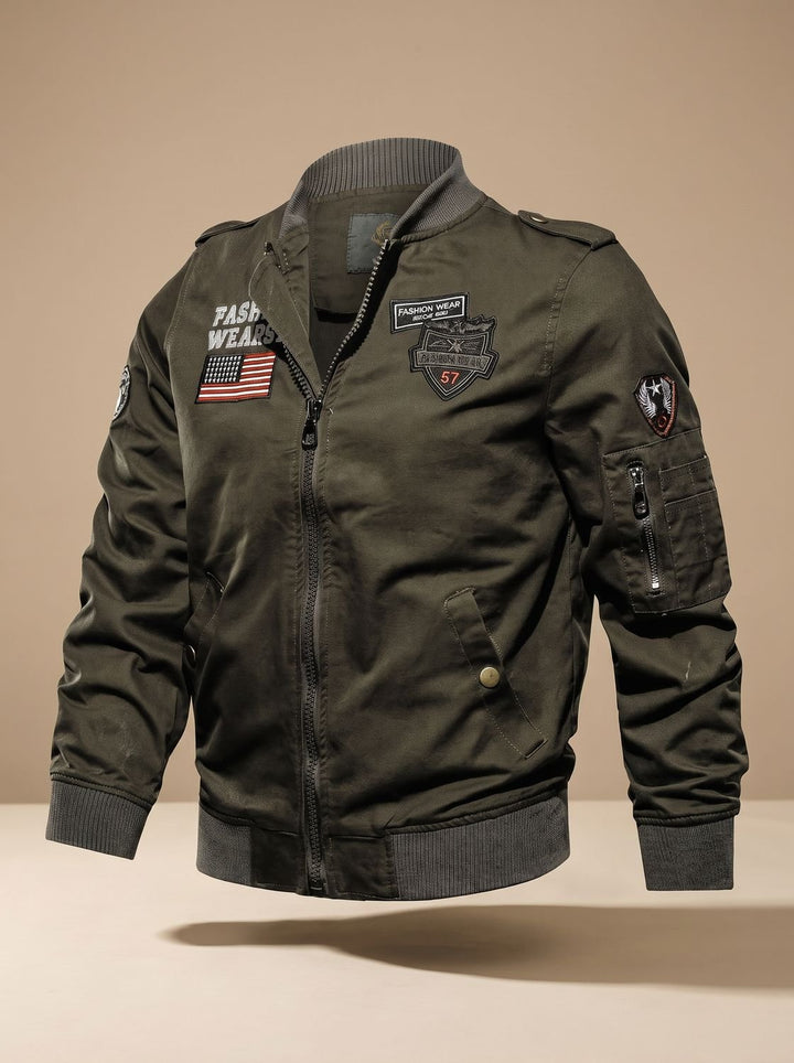 Men's Military-Patch Zip-Up Bomber Jacket - Green
