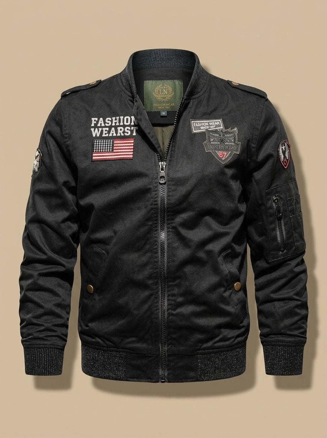 Men's Military-Patch Zip-Up Bomber Jacket - Black