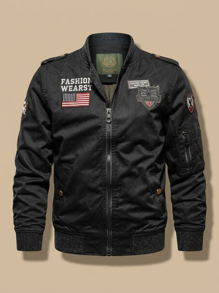 Men's Military-Patch Zip-Up Bomber Jacket - Black