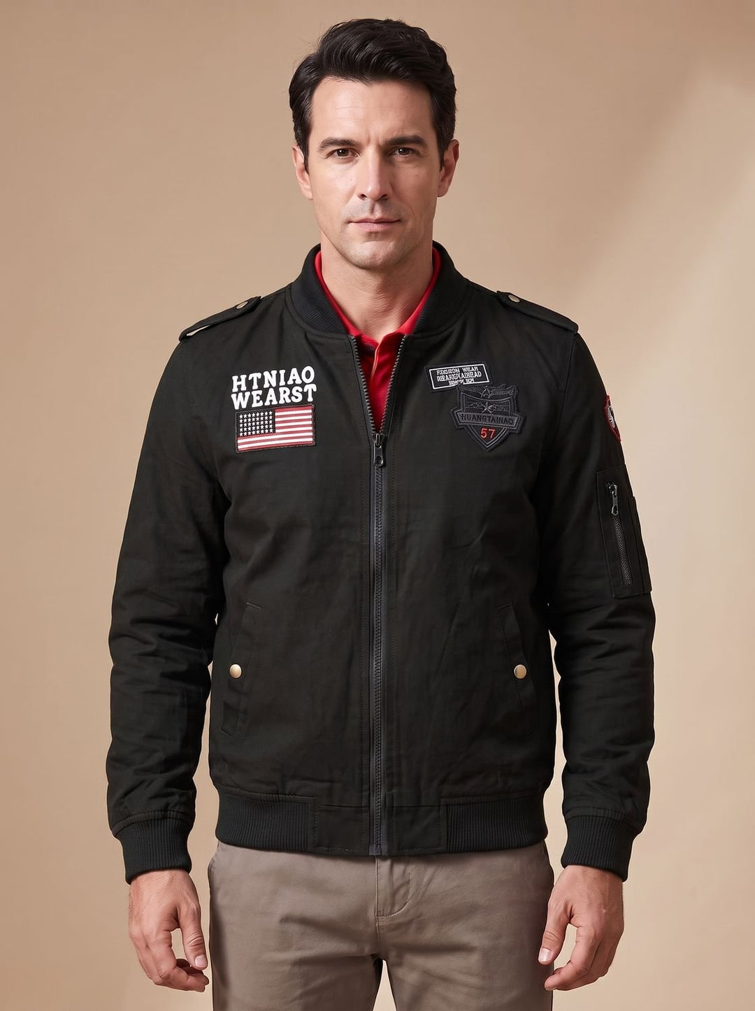 Men's Military Patch Zip-Up Bomber Jacket - Black