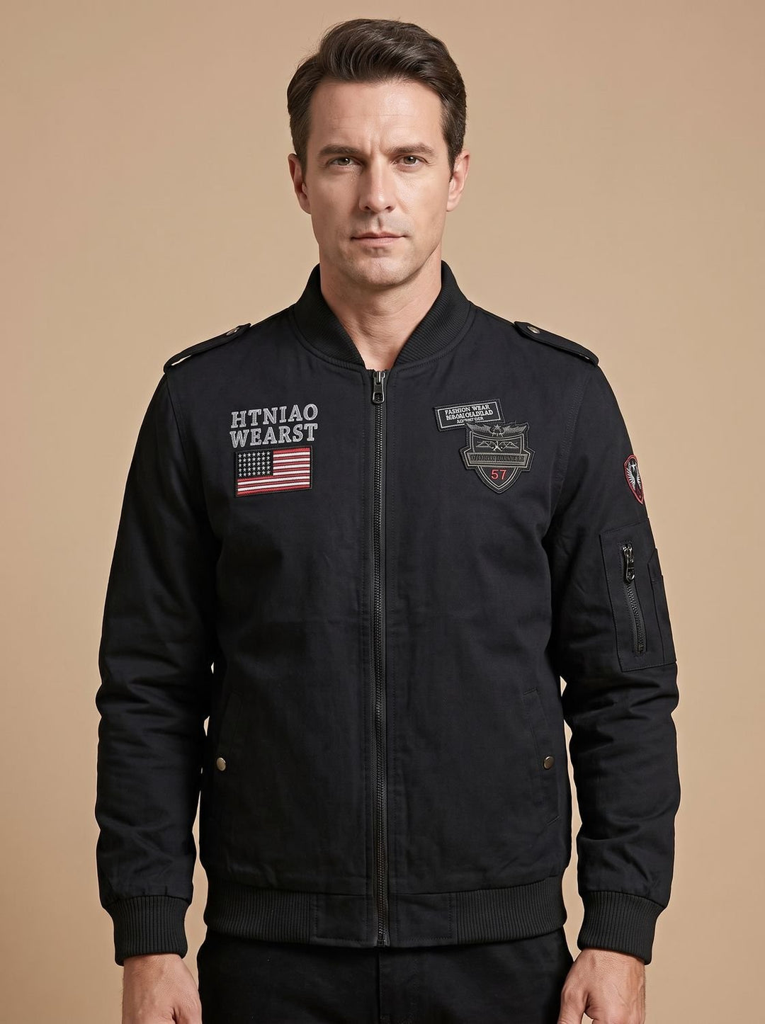 Men's Military-Patch Zip-Up Bomber Jacket