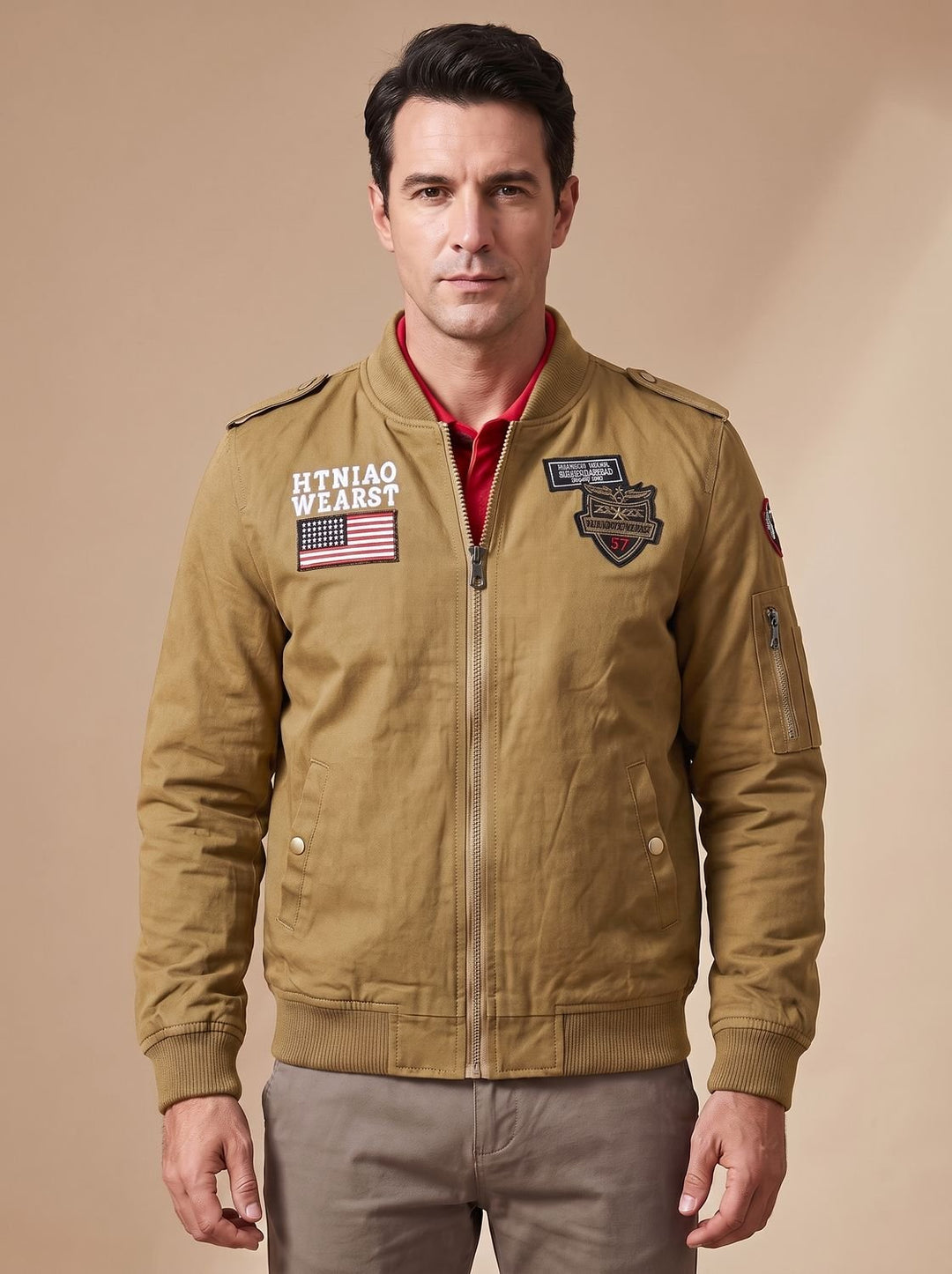 Men's Military Patch Zip-Up Bomber Jacket - Dark Khaki