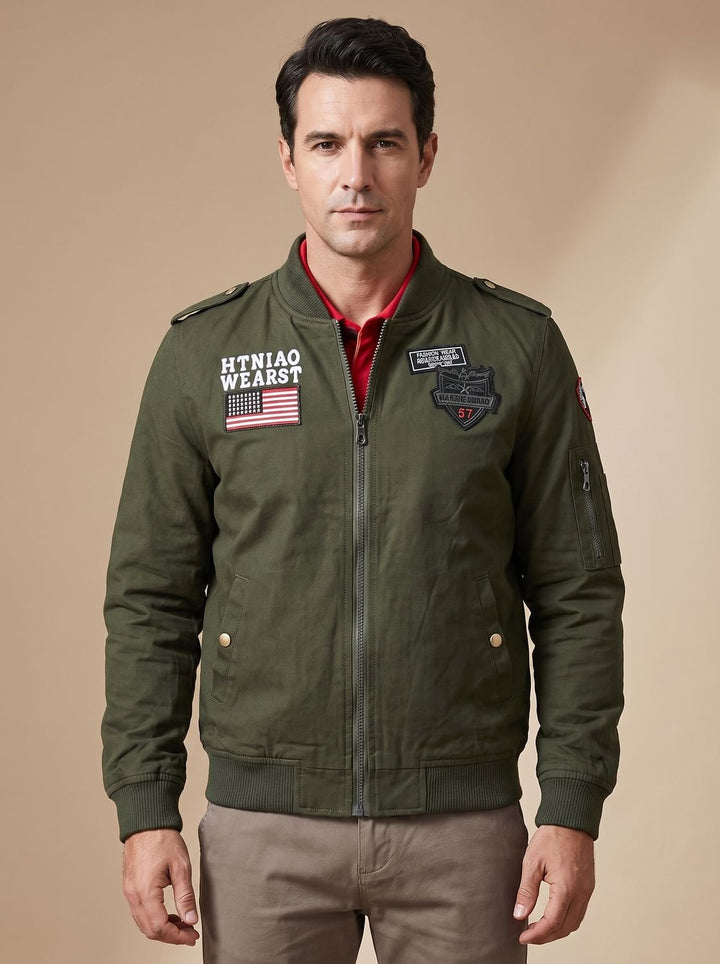 Men's Military Patch Zip-Up Bomber Jacket - Dark Green