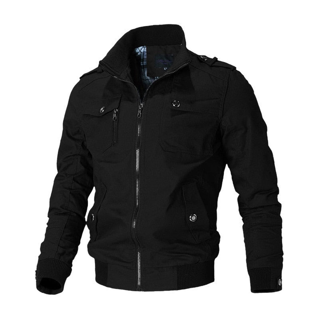 Men's Military-Style Zip-Up Bomber Jacket Ribbed Cuff - Black