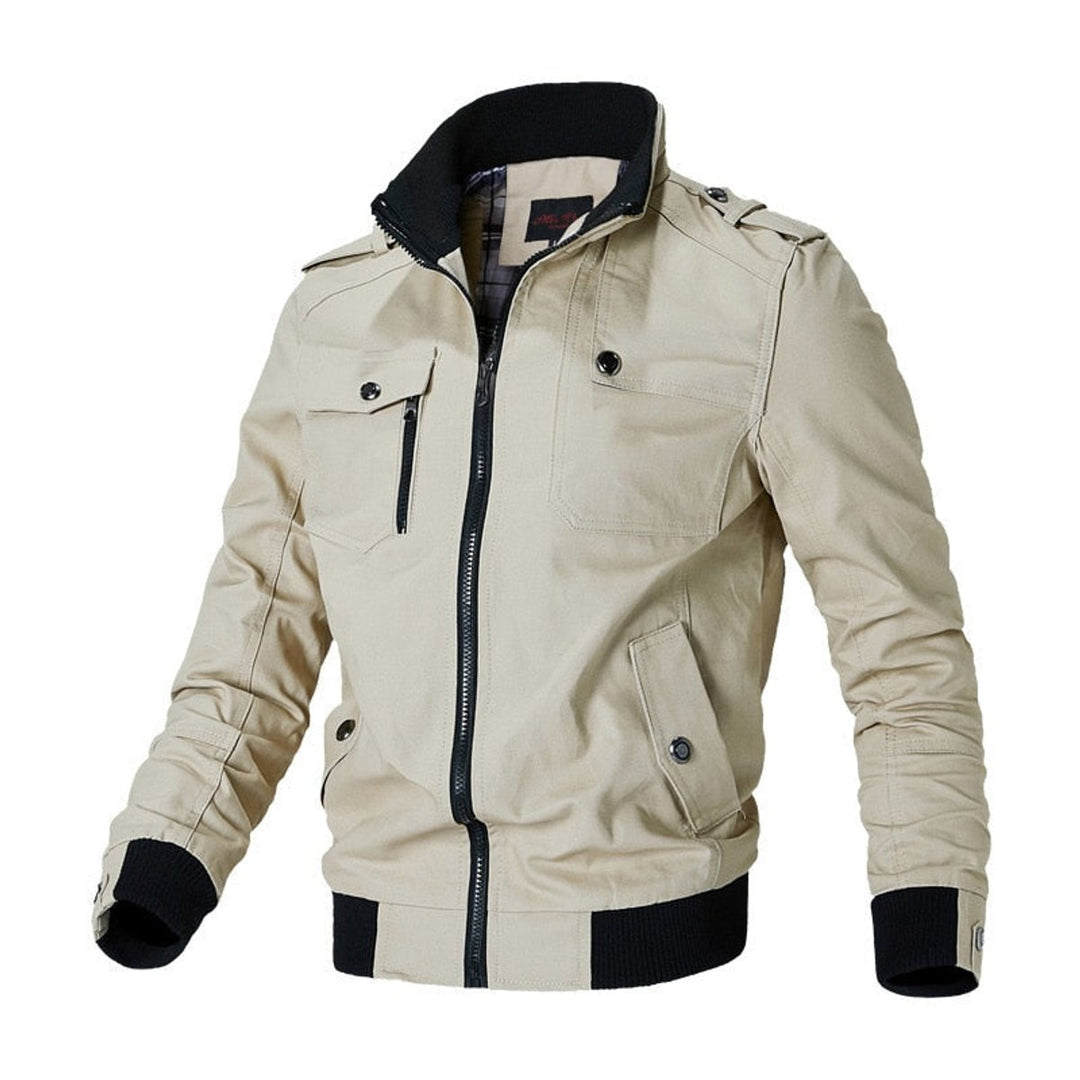 Men's Military-Style Zip-Up Bomber Jacket Ribbed Cuff - Khaki