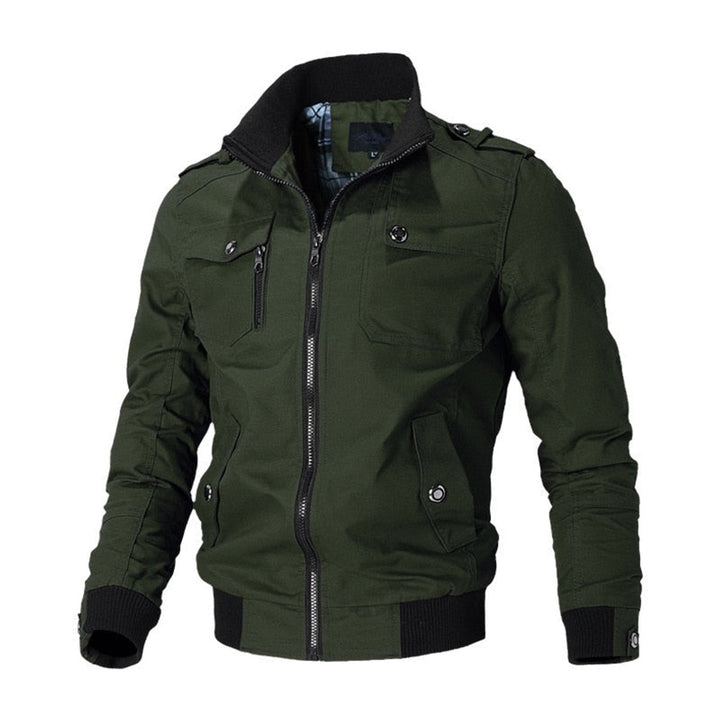 Men's Military-Style Zip-Up Bomber Jacket Ribbed Cuff - Green