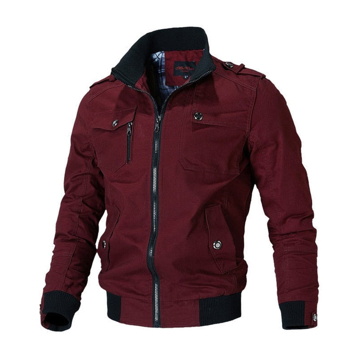 Men's Military-Style Zip-Up Bomber Jacket Ribbed Cuff - Red