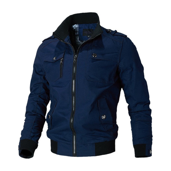 Men's Military-Style Zip-Up Bomber Jacket Ribbed Cuff - Blue