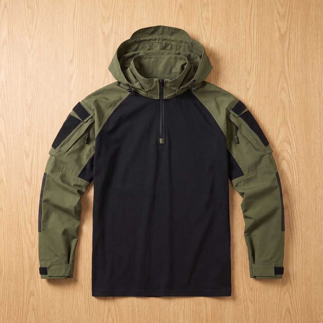 Men's Military Tactical Softshell Hooded Quarter-Zip Jacket - Dark Green