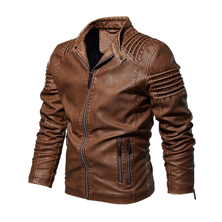Men's Moto-Style Faux Leather Jacket Ribbed Shoulder