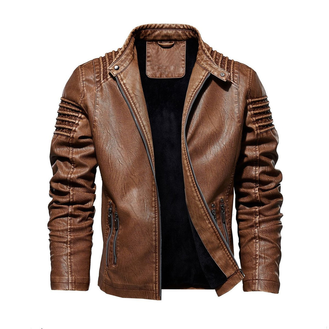 Men's Moto-Style Faux Leather Jacket Ribbed Shoulder
