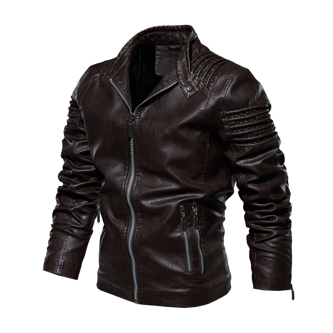 Men's Moto-Style Faux Leather Jacket Ribbed Shoulder