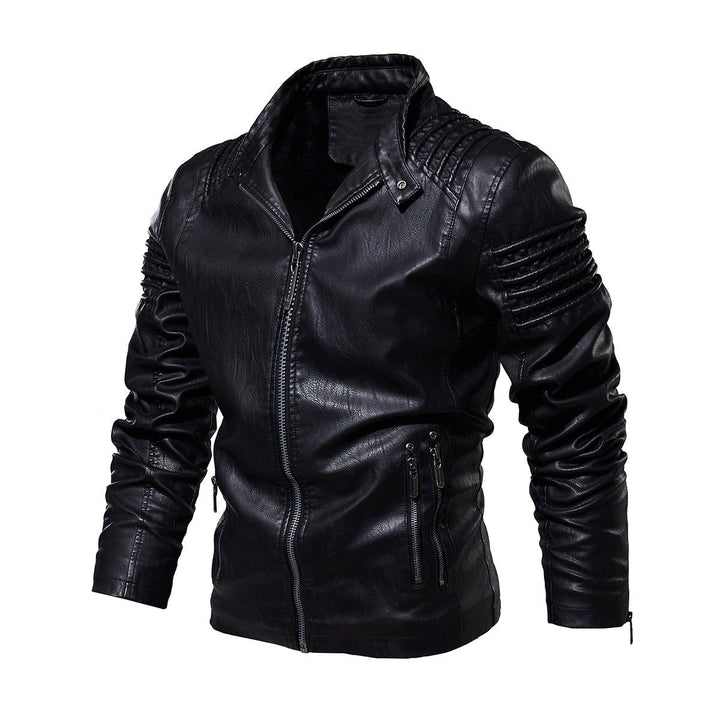 Men's Moto-Style Faux Leather Jacket Ribbed Shoulder - Black