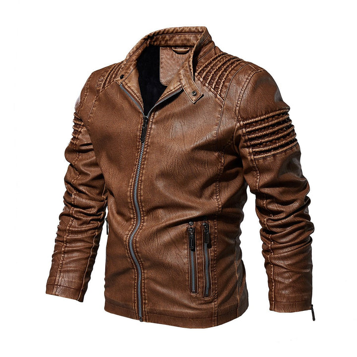 Men's Moto-Style Faux Leather Jacket Ribbed Shoulder - Khaki